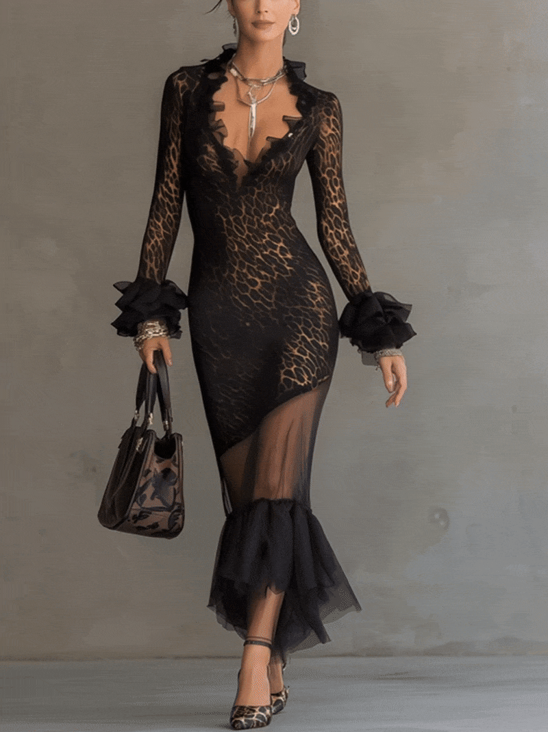 Leopard Mesh Mermaid Midi Dress With Ruffled Neckline And Cuffs