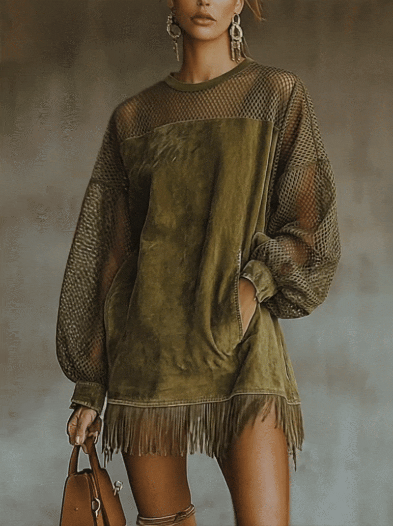 Olive Faux Suede Mini Dress With Mesh Sleeves And Fringe Hem