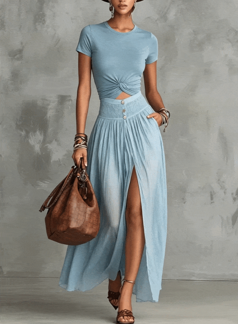 Sky Blue Knotted Crop T-shirt And High-Slit Maxi Skirt Set