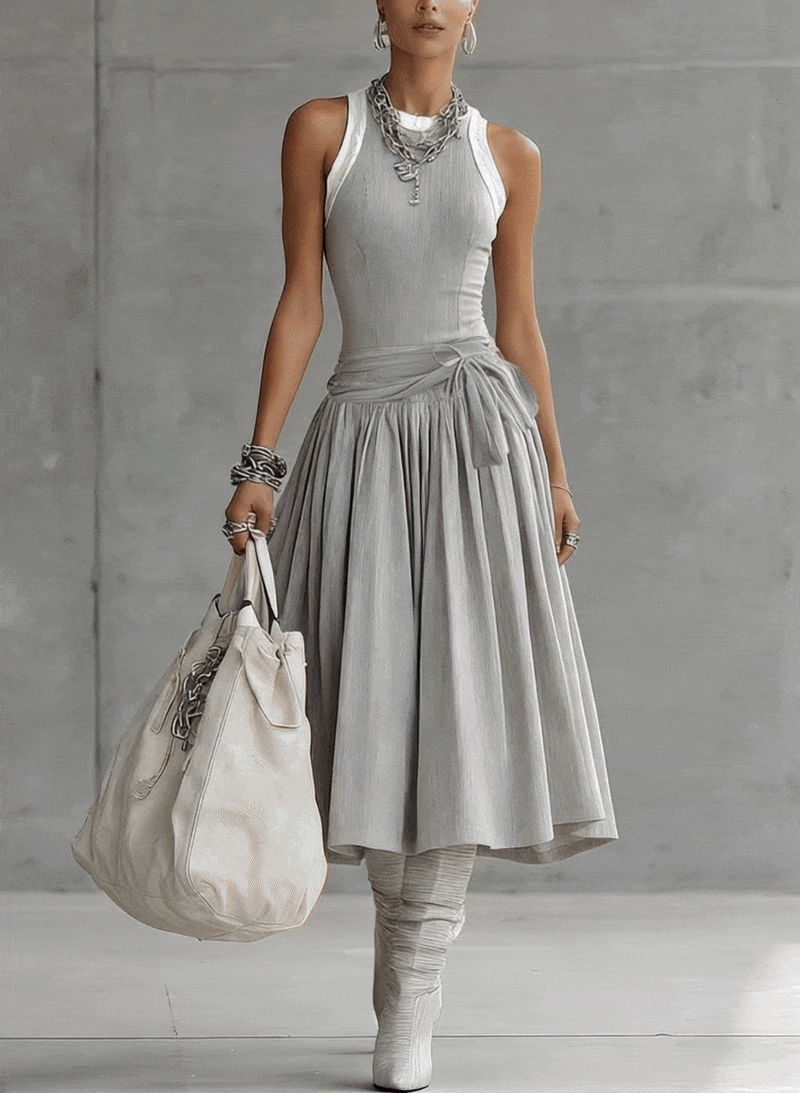 Gray Ribbed Tank Bodice Draped Midi Dress