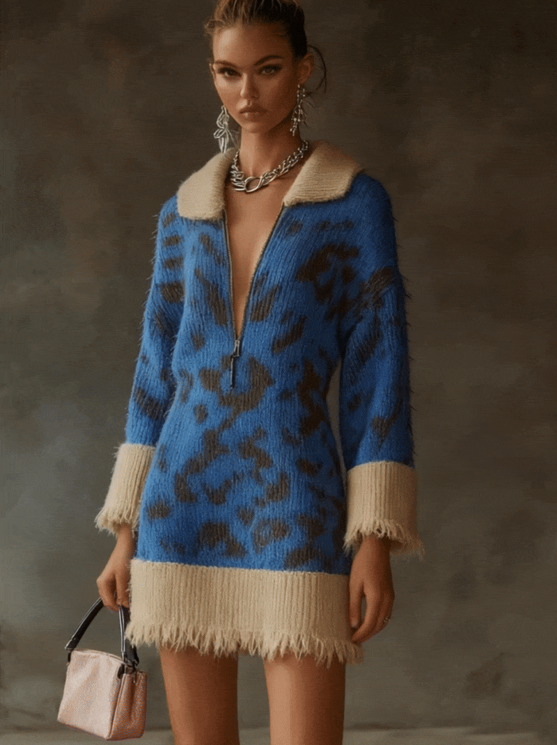 Blue Leopard Print Knit Dress With Beige Trim And Zip Neckline