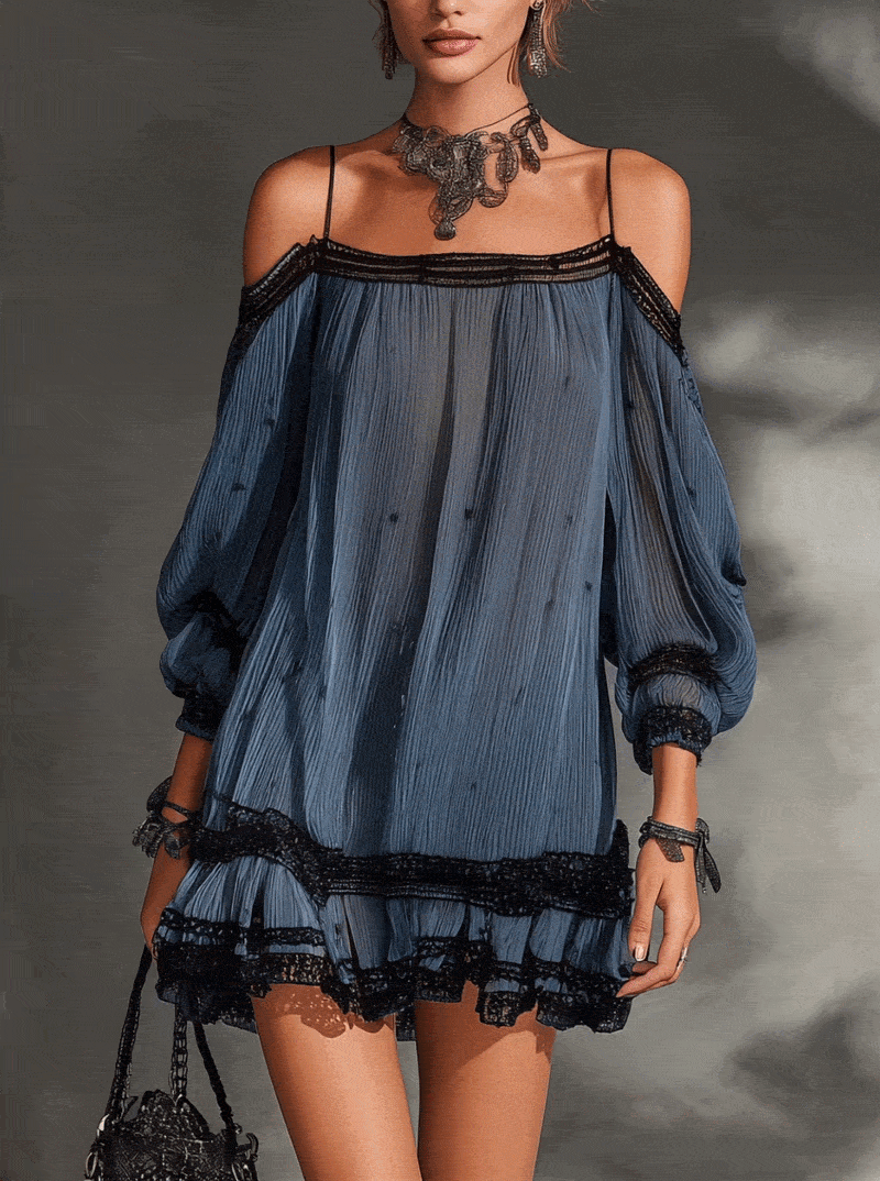 Blue Off-Shoulder Lace Trim Pleated Chiffon Mini Dress