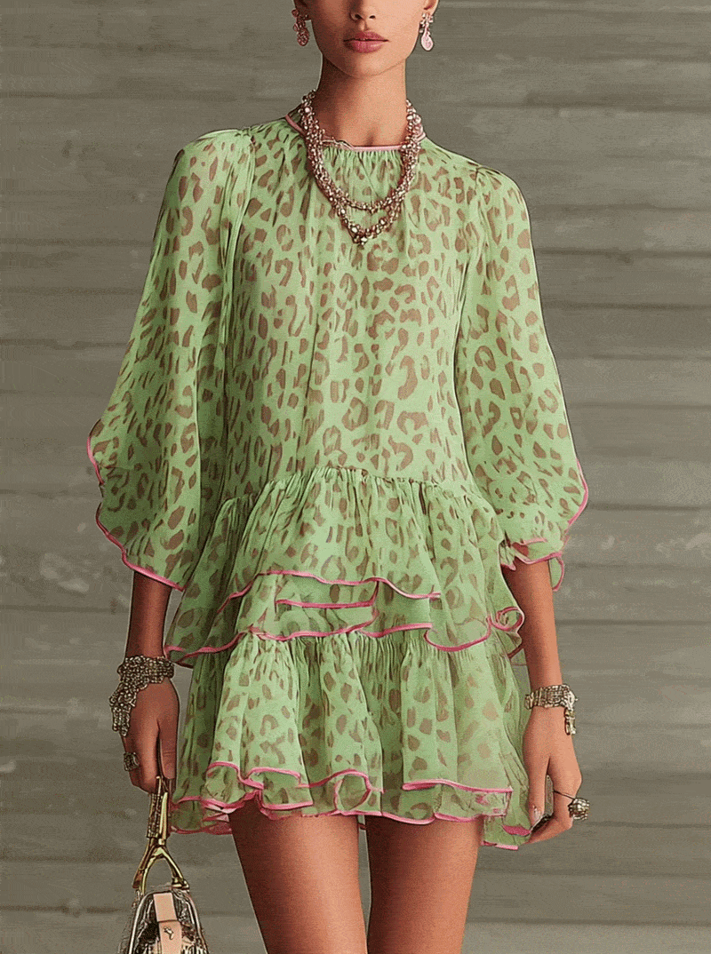 Green Leopard Print Chiffon Tiered Ruffle Mini Dress