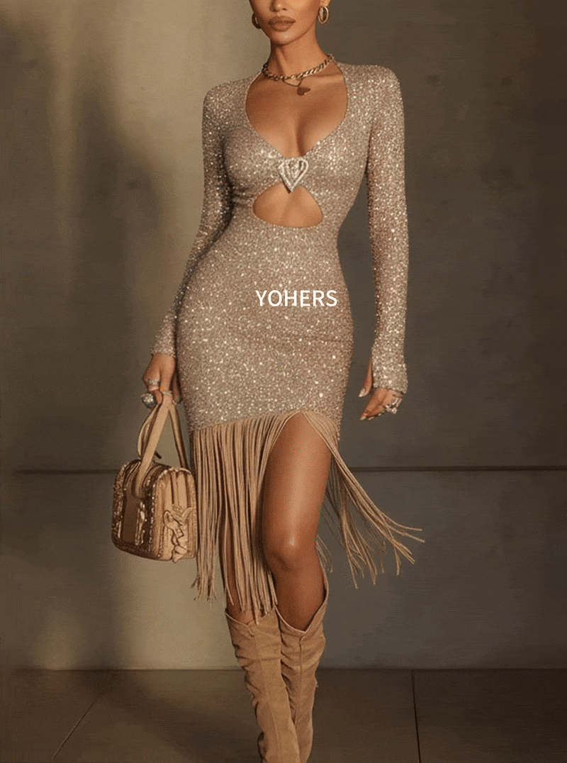 Champagne Sequin Cutout Fringe Bodycon Dress