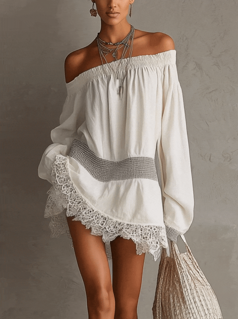 White Off-Shoulder Lace-Trim Mini Dress