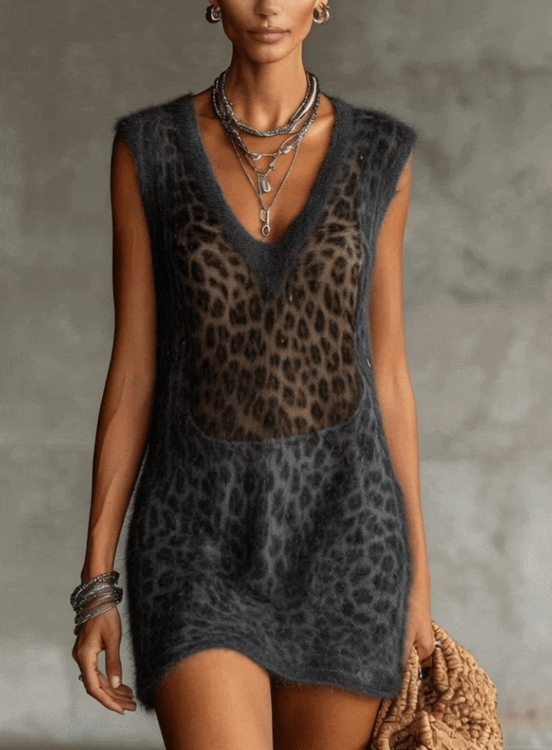 Brown Leopard Fuzzy Knit Mini Dress
