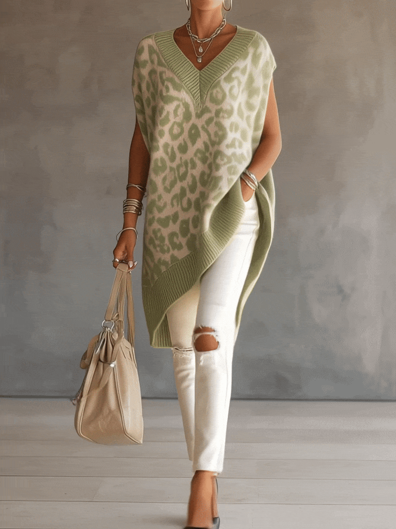 Green Leopard Knit Poncho Sweater With V-Neck And Ribbed Hem