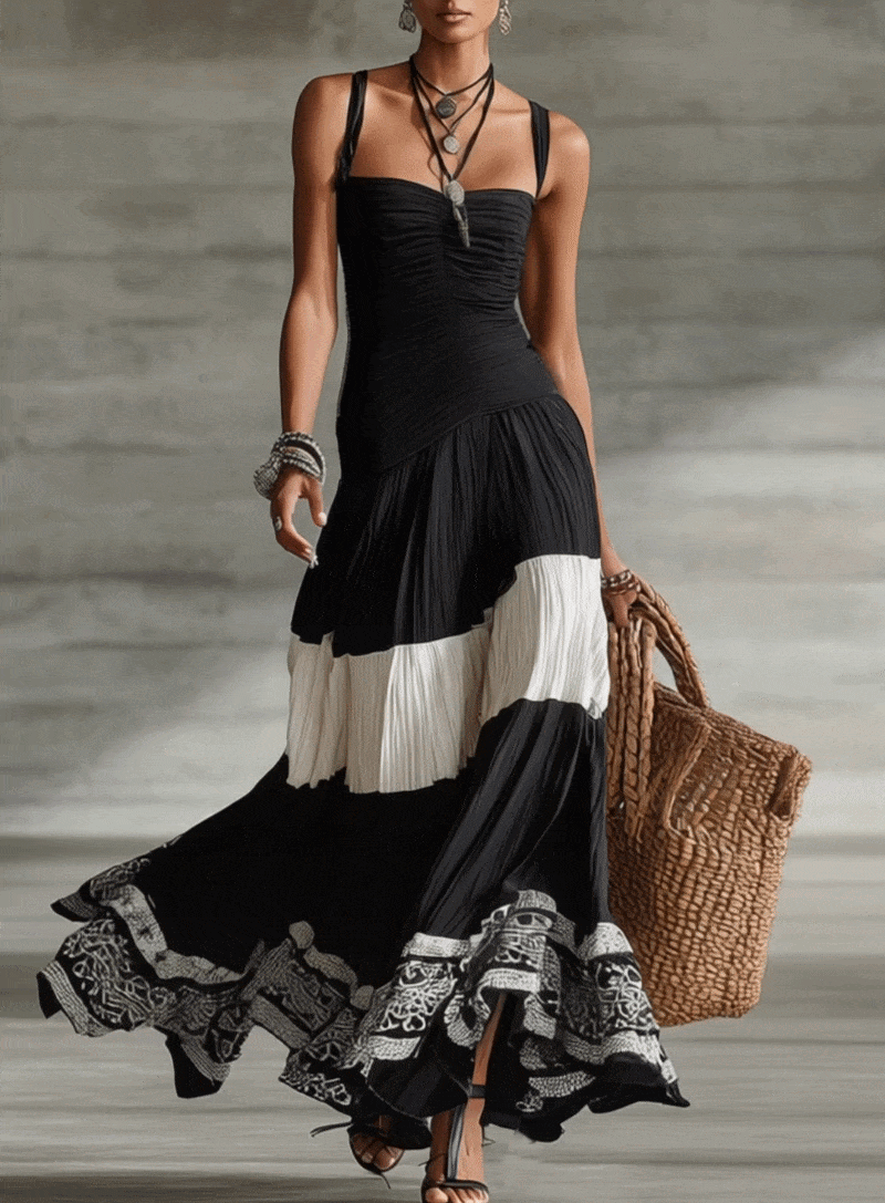 Black And White Pleated Tiered Maxi Dress With Printed Hem