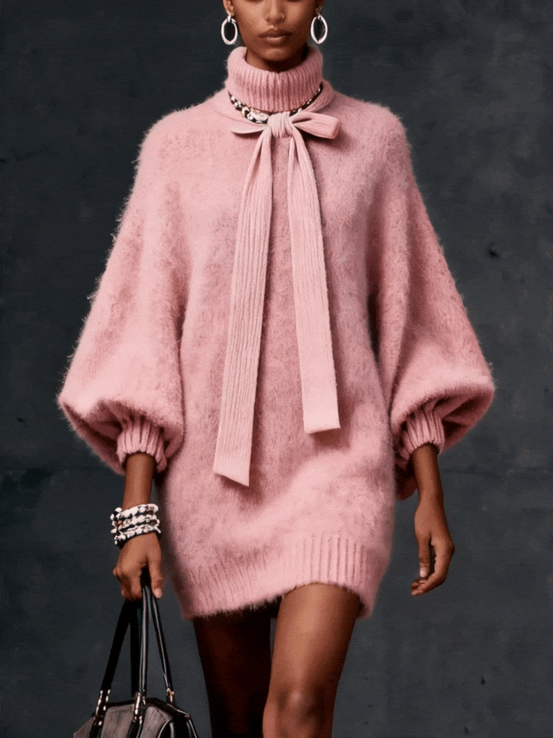 Blush Elegance Bow-Detail Mohair Sweater Dress