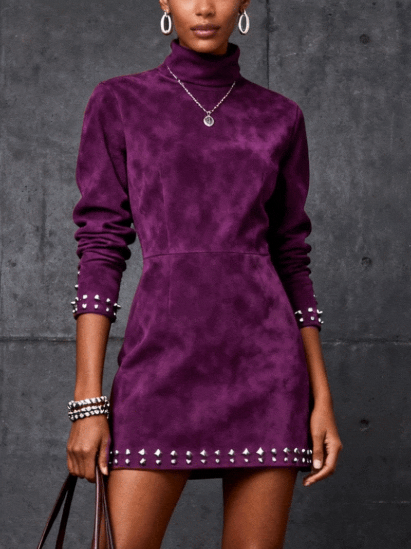 Purple Faux Suede Mini Dress With Studded Accents