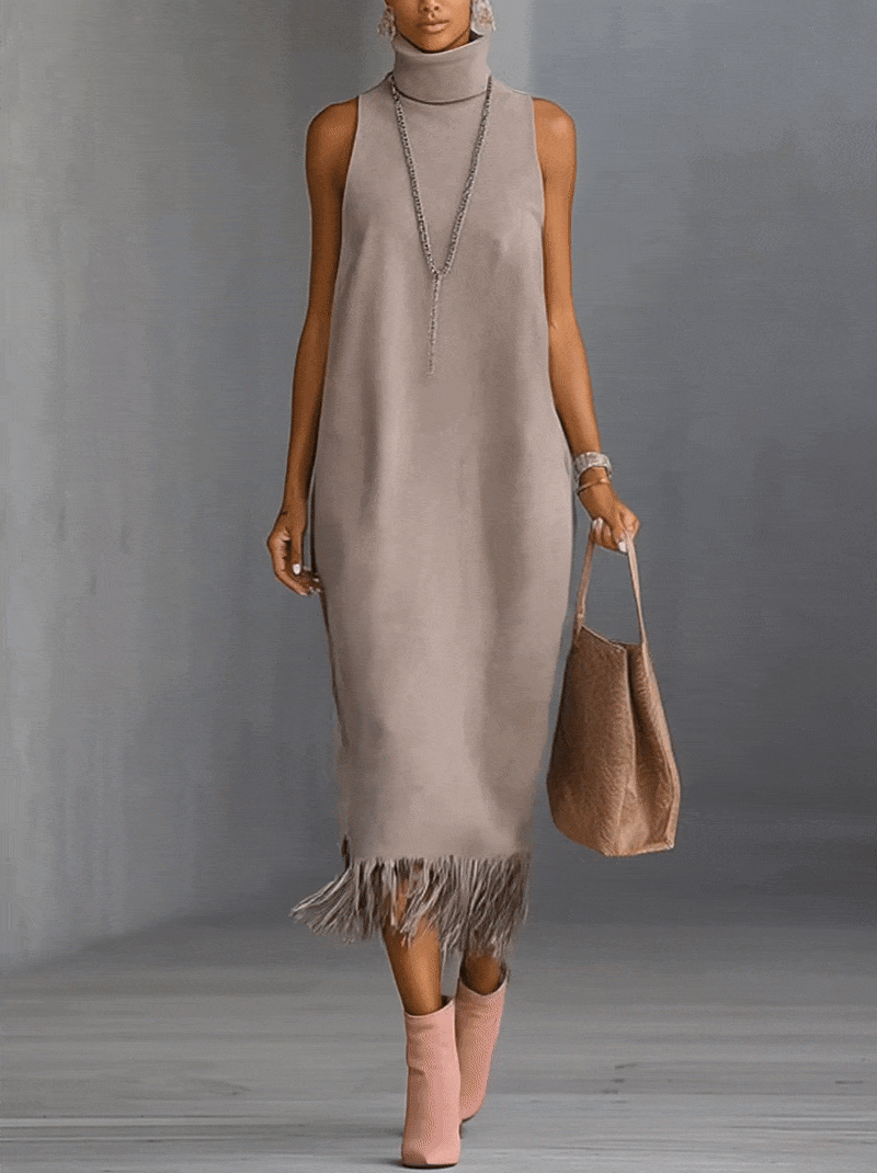 Gray Faux Suede Fringe Hem Sleeveless Turtleneck Midi Dress