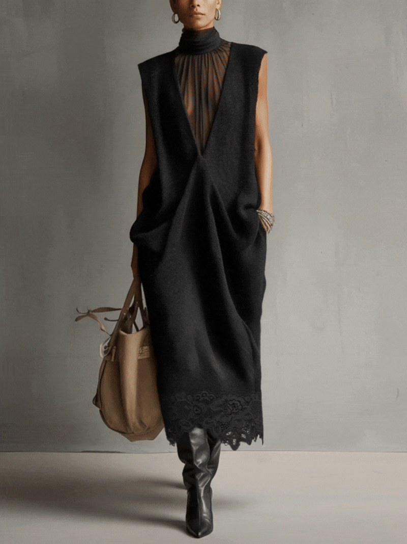 Black Sleeveless Chiffon High-Neck Knit Maxi Dress With Lace Hem
