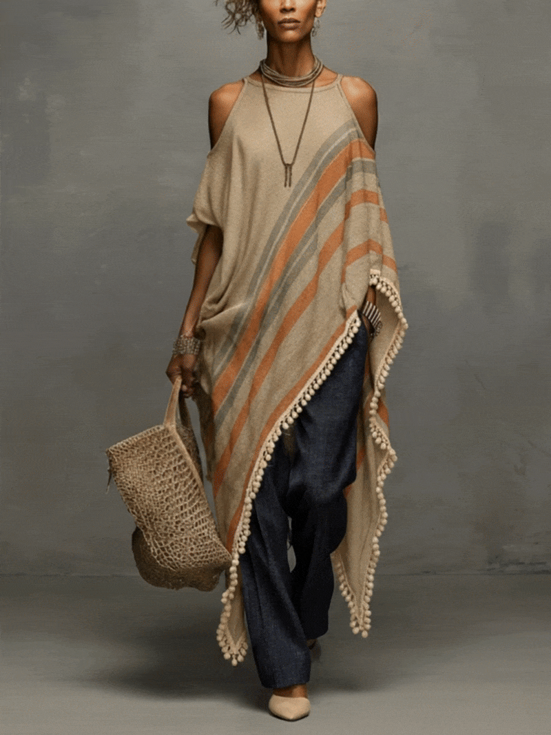Khaki Linen Blend Printed Off Shoulder Dress With Fringe Hem