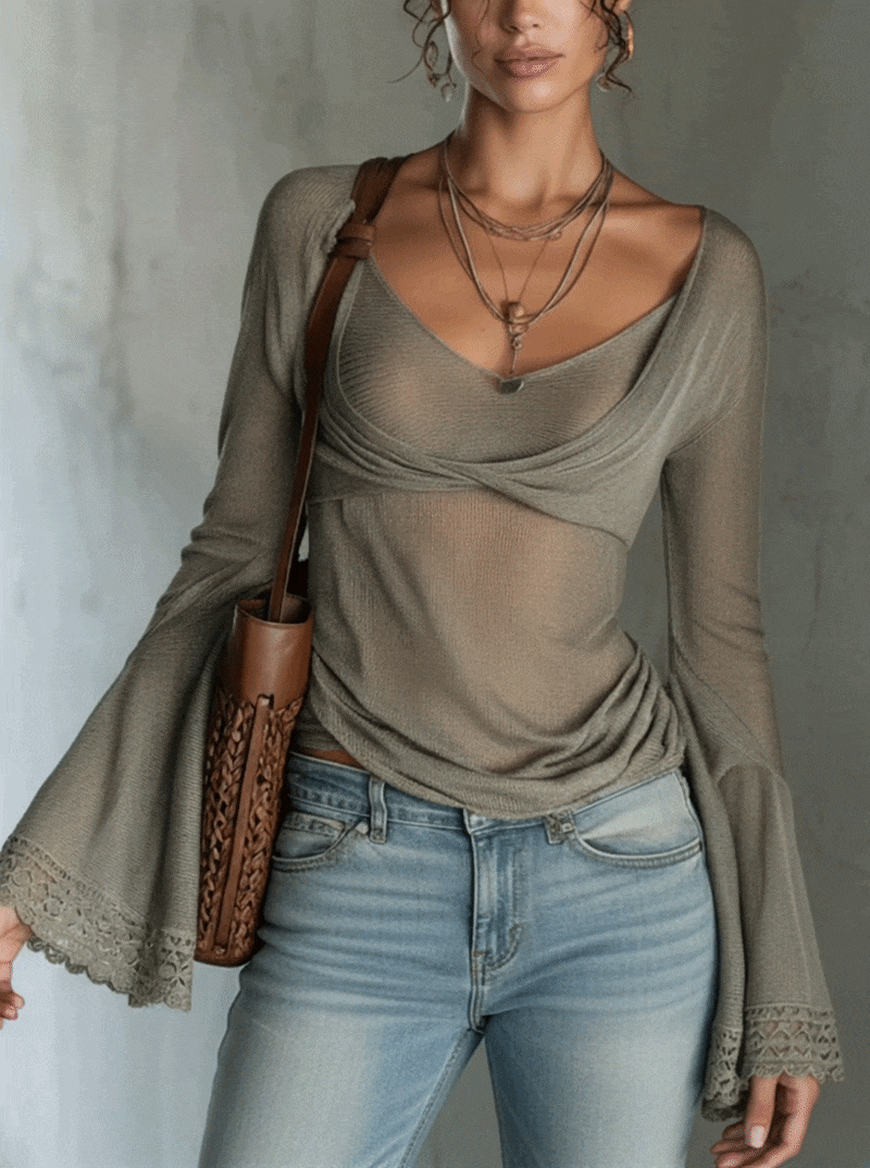 Green Sheer Knit Top With Lace Cuff Sleeves