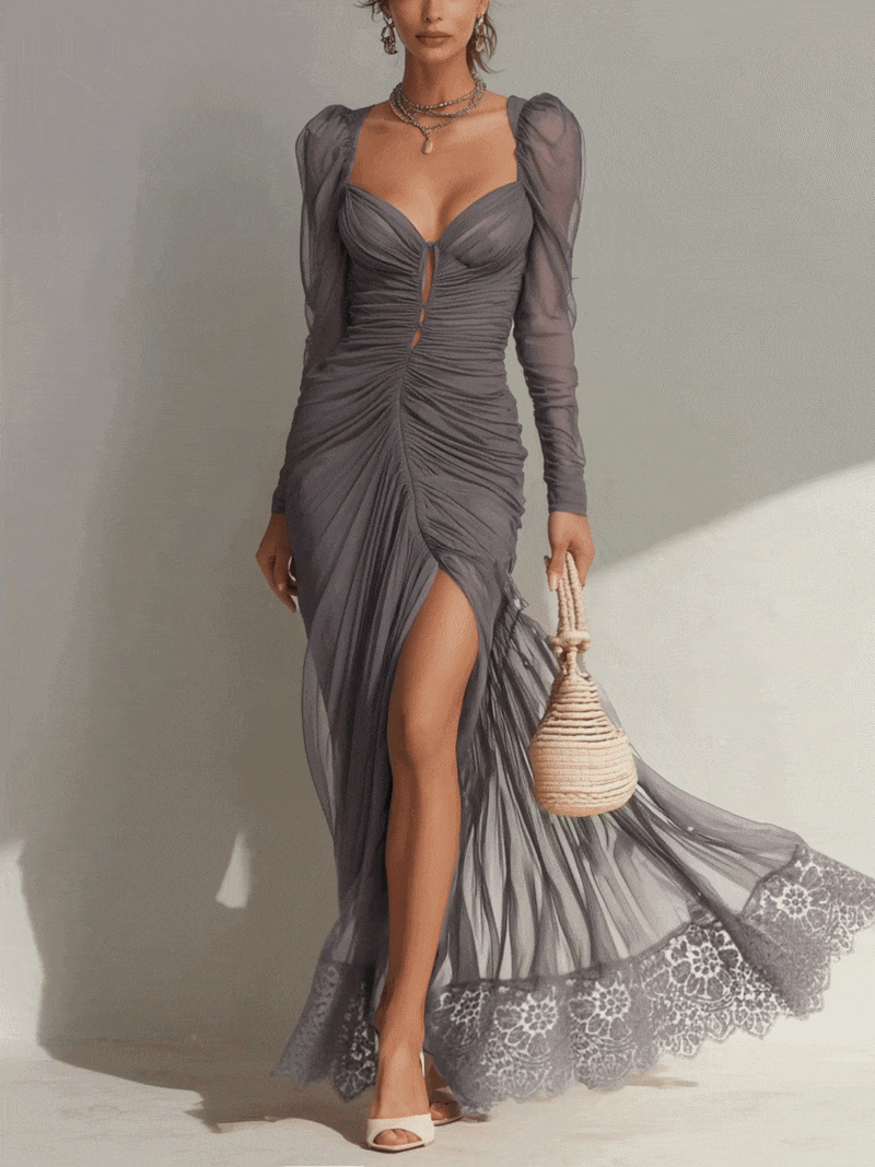 Gray Long Sleeve Chiffon Ruched Lace Maxi Dress
