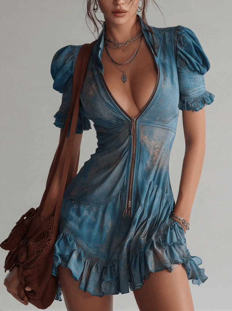 Blue Chiffon Floral Zip Up Mini Dress