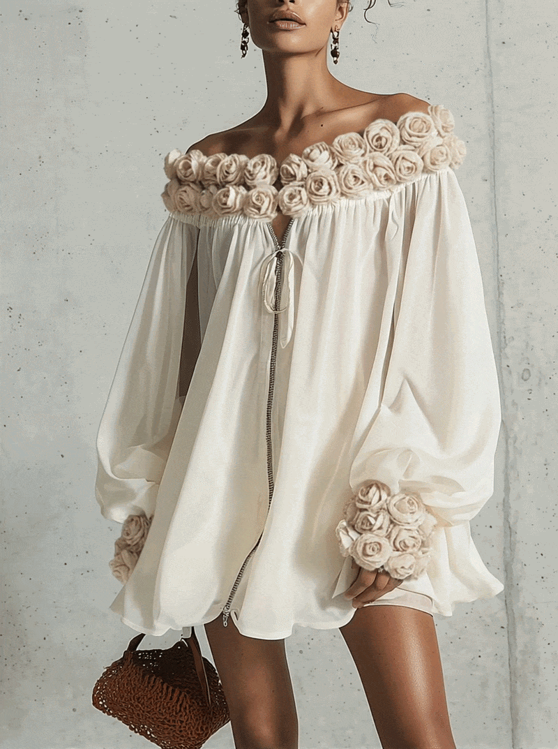 Cream 3D Floral Chiffon Zip Mini Dress