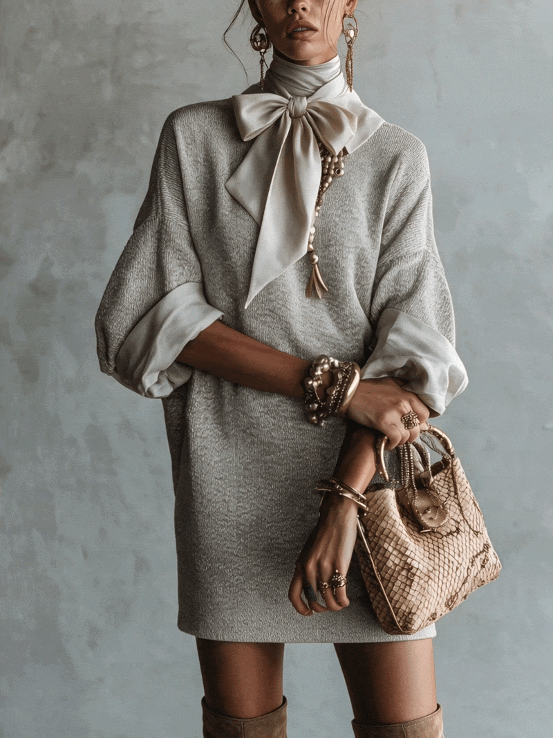 Gray Satin Bow Knit Five Sleeve Mini Dress