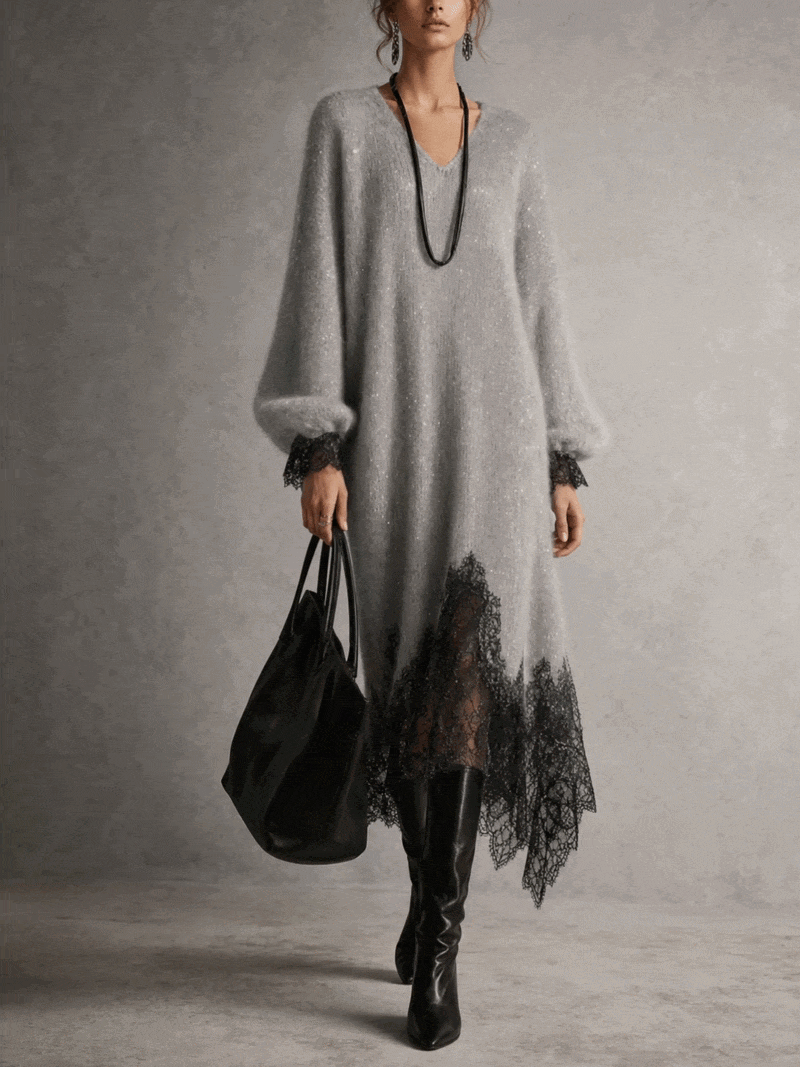 Gray Shimmer Knit Lace Hem Midi Dress
