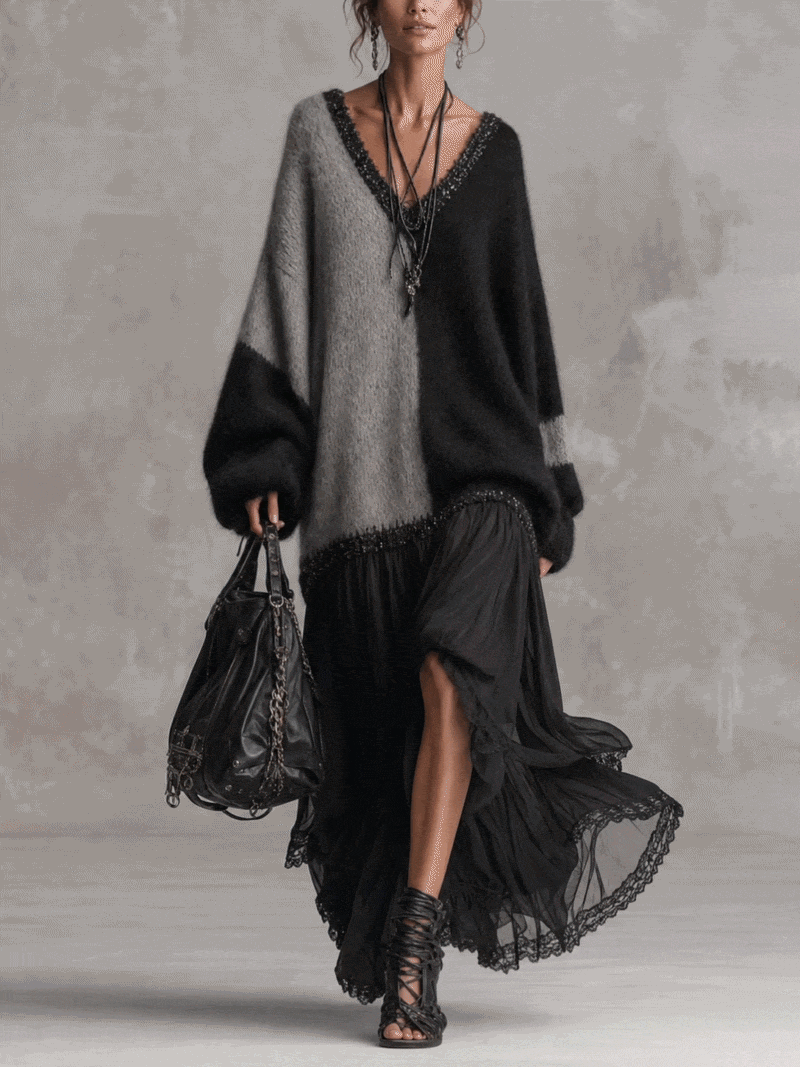 Black And Gray Chiffon Patchwork Oversized Knit Maxi Dress
