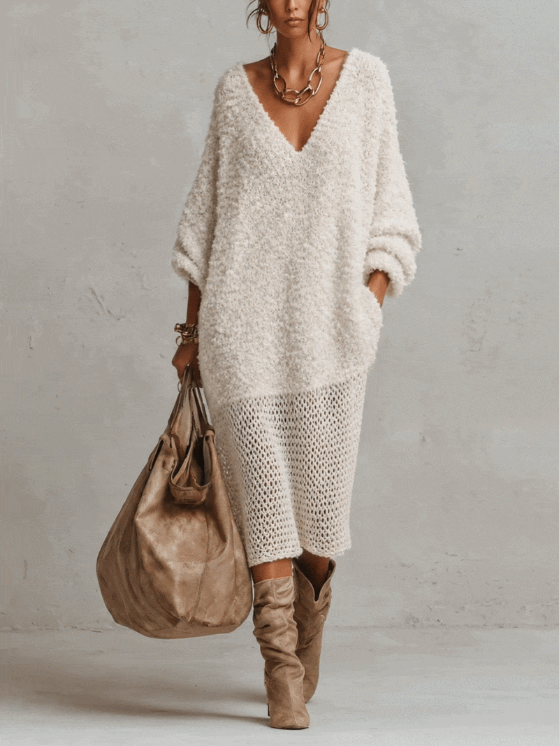 Cream Boucle Knit Openwork Midi Dress