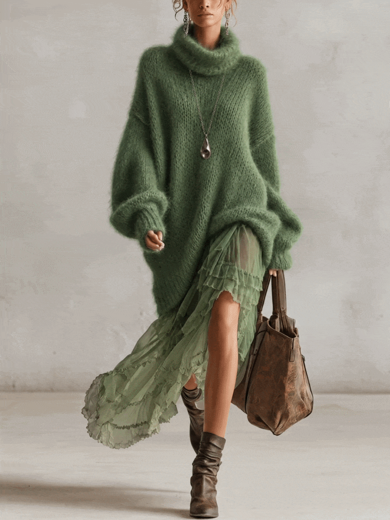 Green Oversized Mohair Knit Turtleneck Midi Dress With Chiffon Ruffle Hem