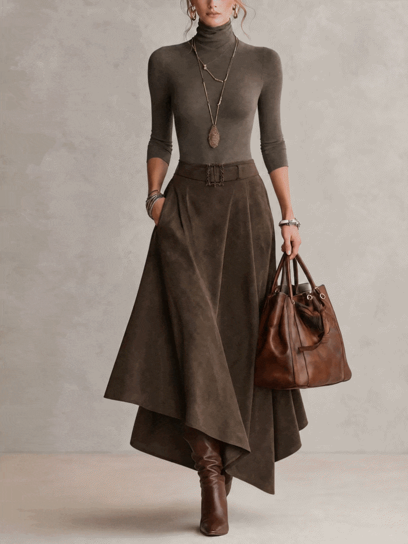 Taupe Stretch Turtleneck Top And Asymmetrical Suede Skirt Set