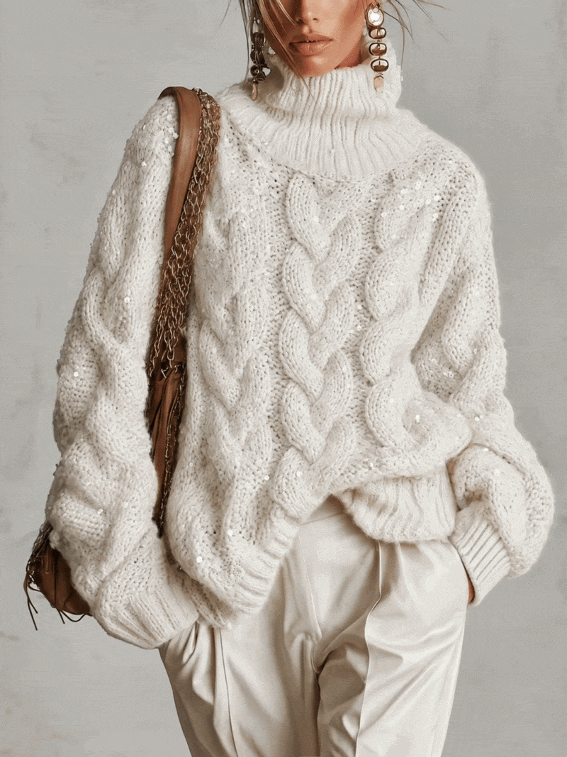 Cream Sequin Cable Knit Oversized Turtleneck Sweater