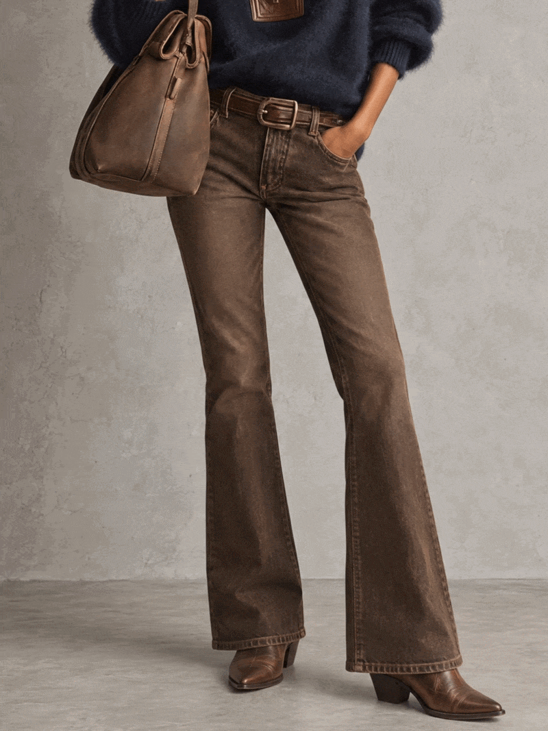 Brown Vintage Acid Washed Denim Mid Rise Flare Jeans