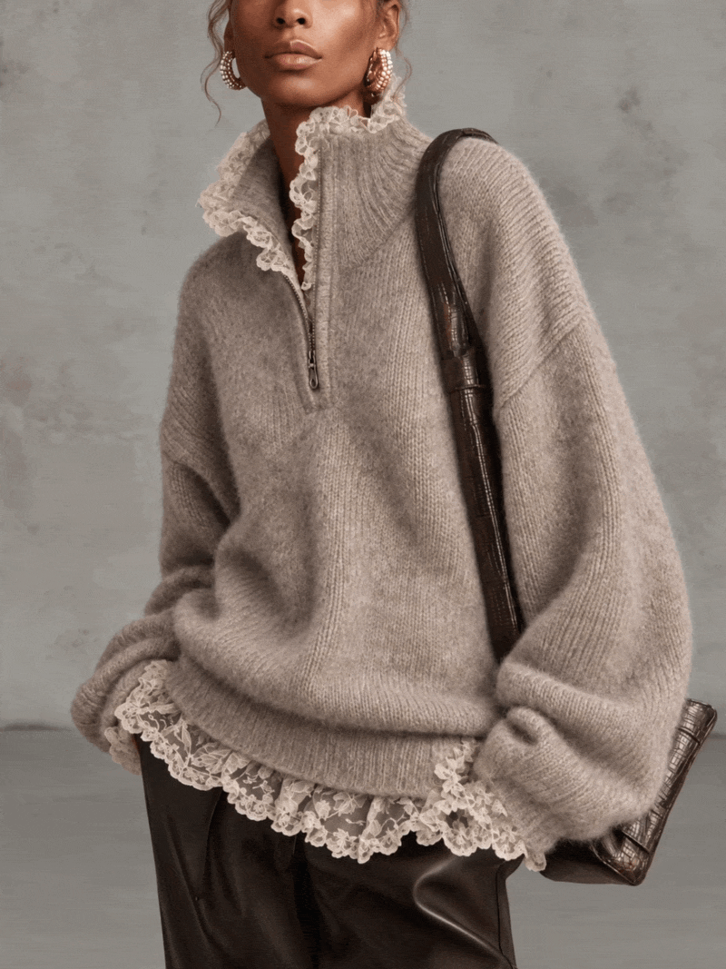 Oatmeal Oversized Half Zip Mohair Sweater With Ivory Lace Trim