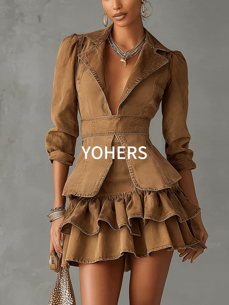 Vintage Brown Washed Cotton Ruffle Lapel Midi Sleeve Mini Dress