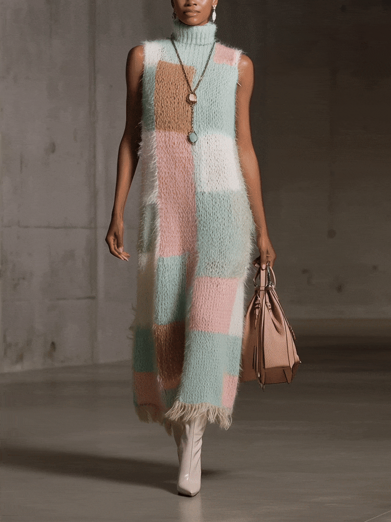 Pastel Patchwork Mohair Sleeveless Turtleneck Maxi Dress