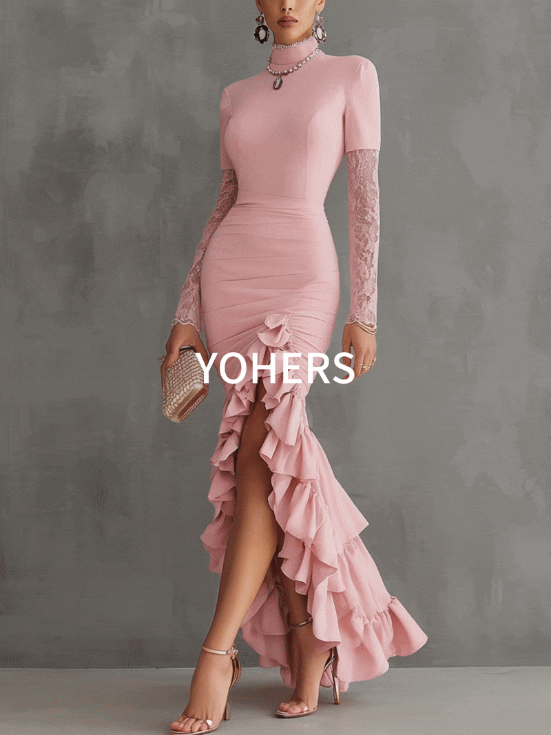 Blush Ruched High-Low Ruffle Lace Bodycon Dress