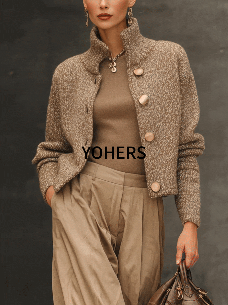 Taupe Marled Knit High Collar Buttoned Cardigan