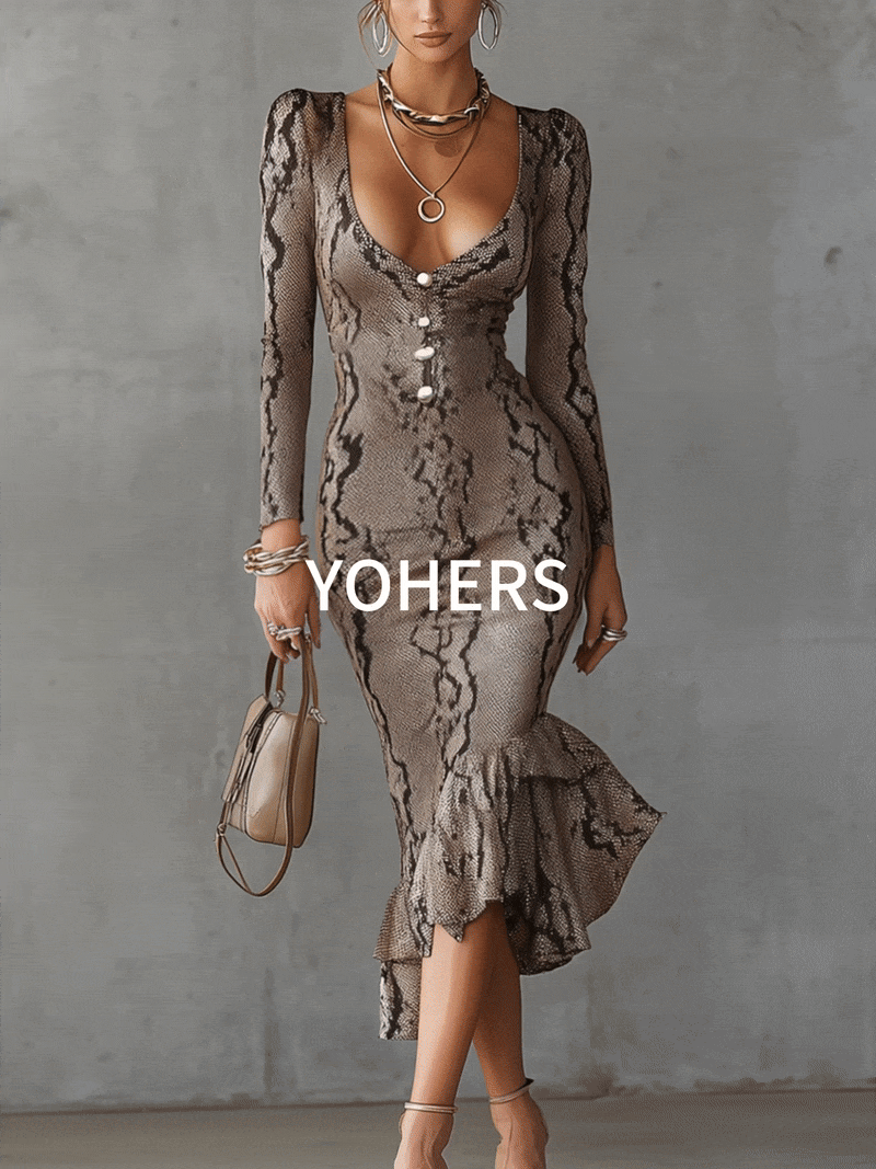 Brown Snake Print Button-Ruffle Bodycon Dress