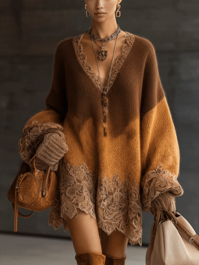 Brown Ombre Knit Lace Oversized Long Sleeve Mini Dress