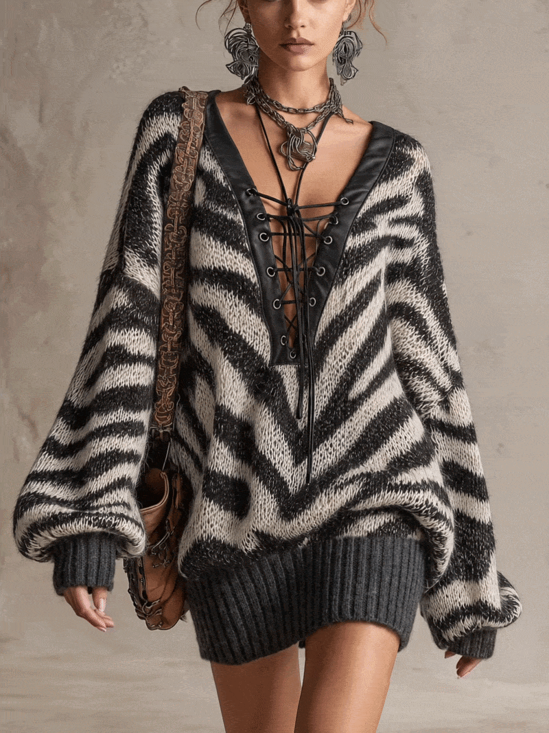 Black And White Zebra Stripe Mohair Blend Lace-Up V-Neck Mini Sweater Dress
