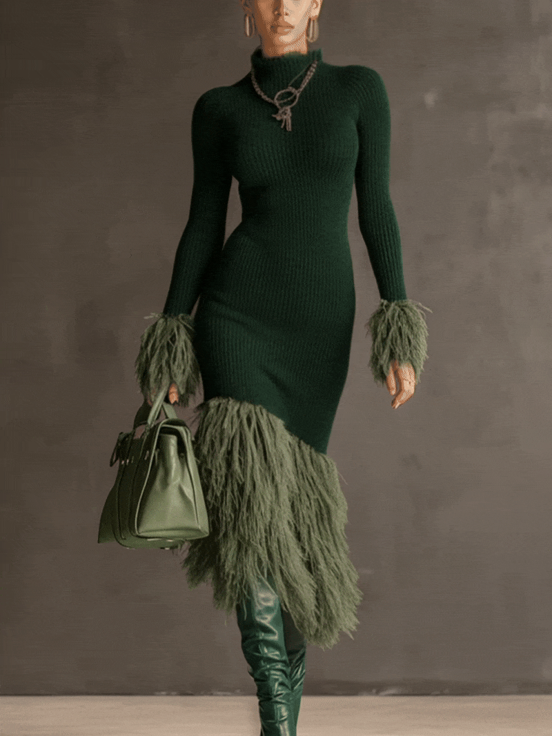 Emerald Knit Patchwork Eco Faux Fur Long Sleeve Bodycon Dress