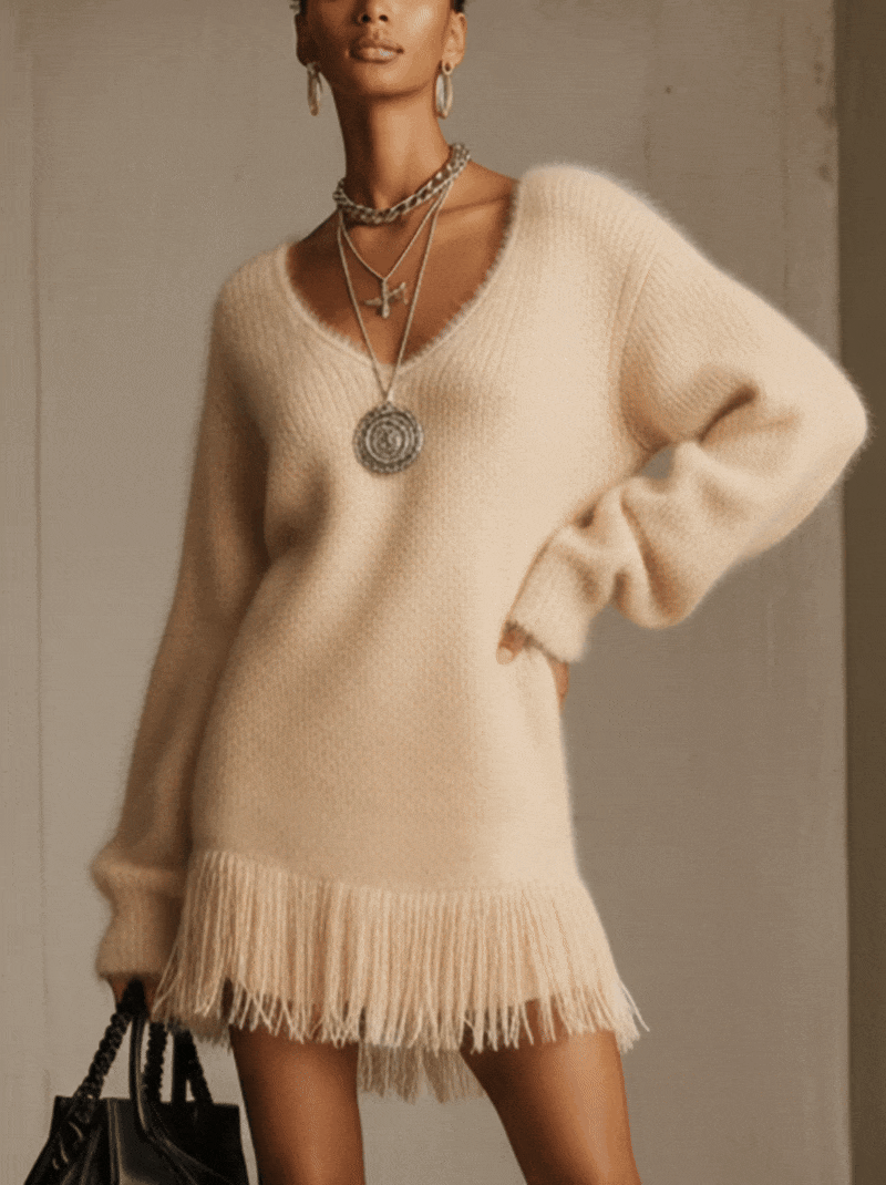 Cream Mohair Fringe Long Sleeve Mini Dress