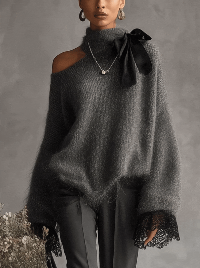 Gray Mohair Knit Sweater With Lace Cuffs