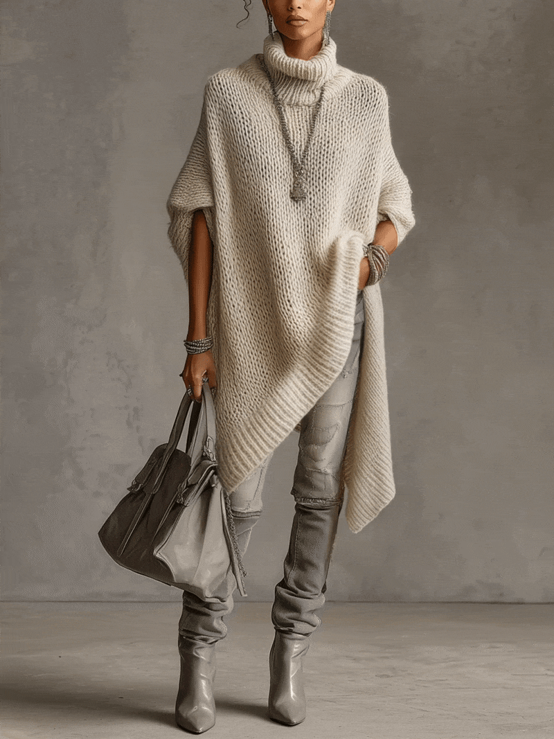 Ivory Asymmetrical Hem Loose Turtleneck Midi Dress