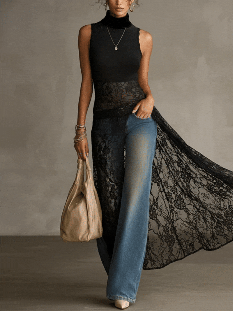 Black Velvet Sleeveless High-Neck Dress With Flocked Lace