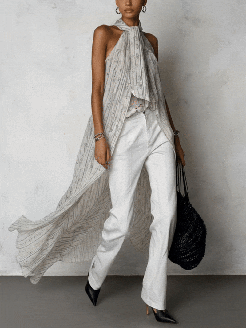 Oatmeal Chiffon Sleeveless Longline Tie Waist Blouse