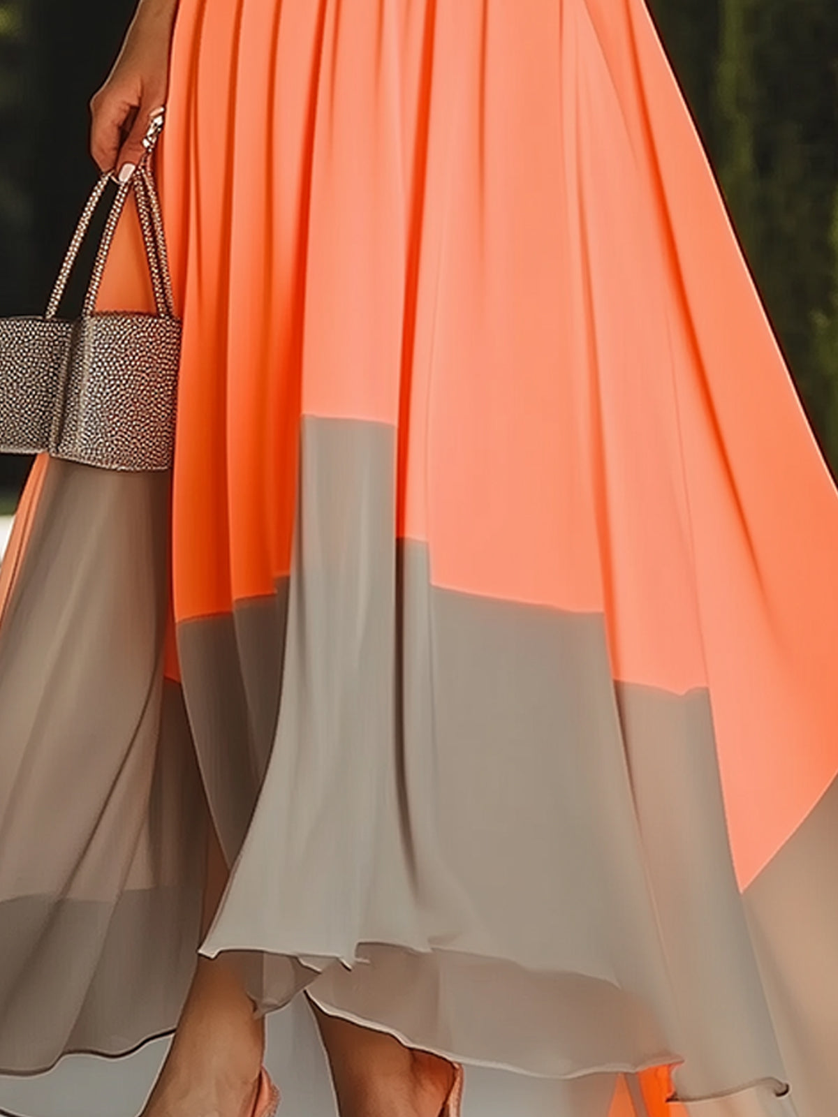 Fashionable Colorblock Backless Chiffon Maxi Dress With Pockets