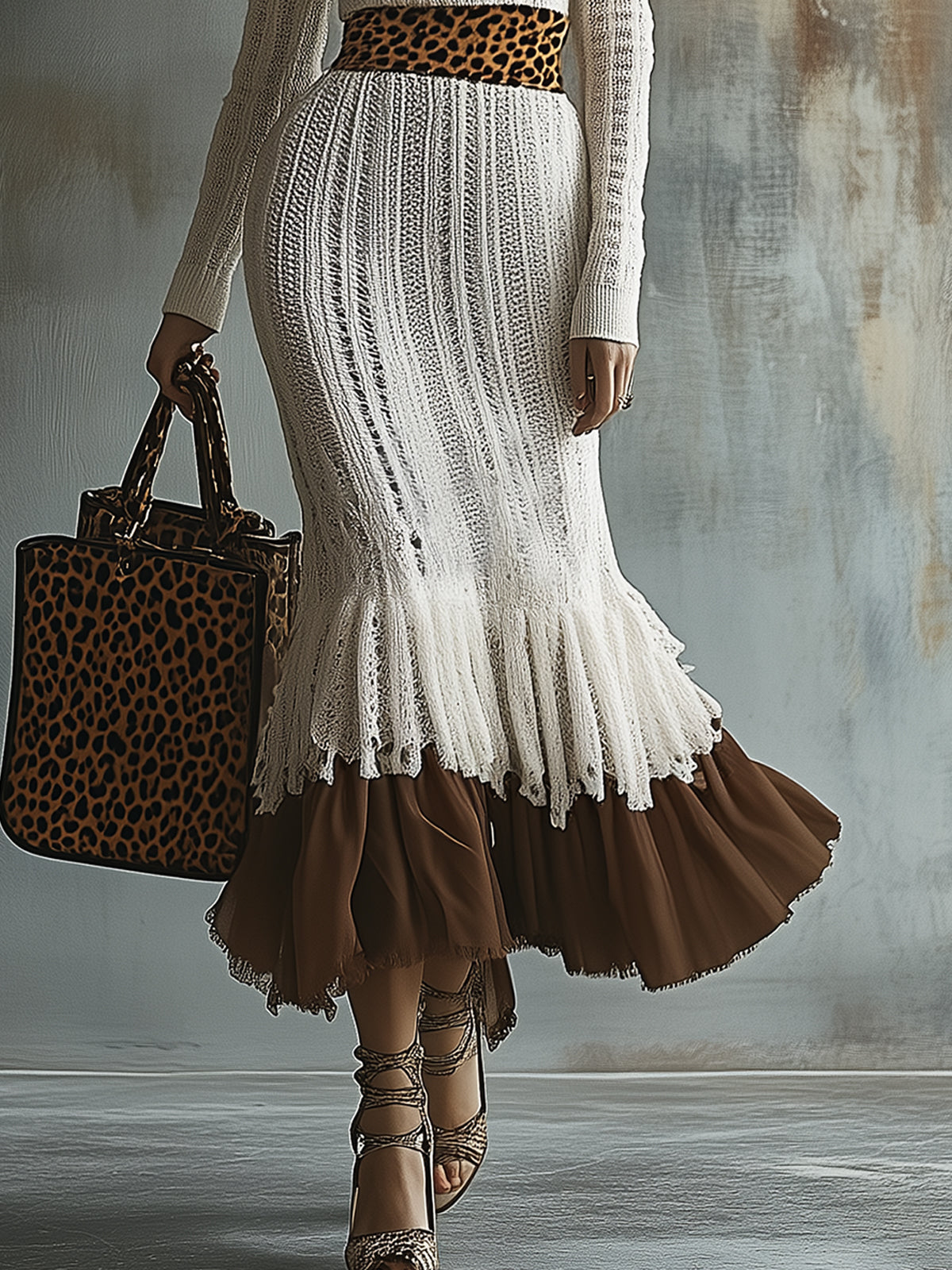 Knit Dress With Leopard Print Accents And Ruffled Hem