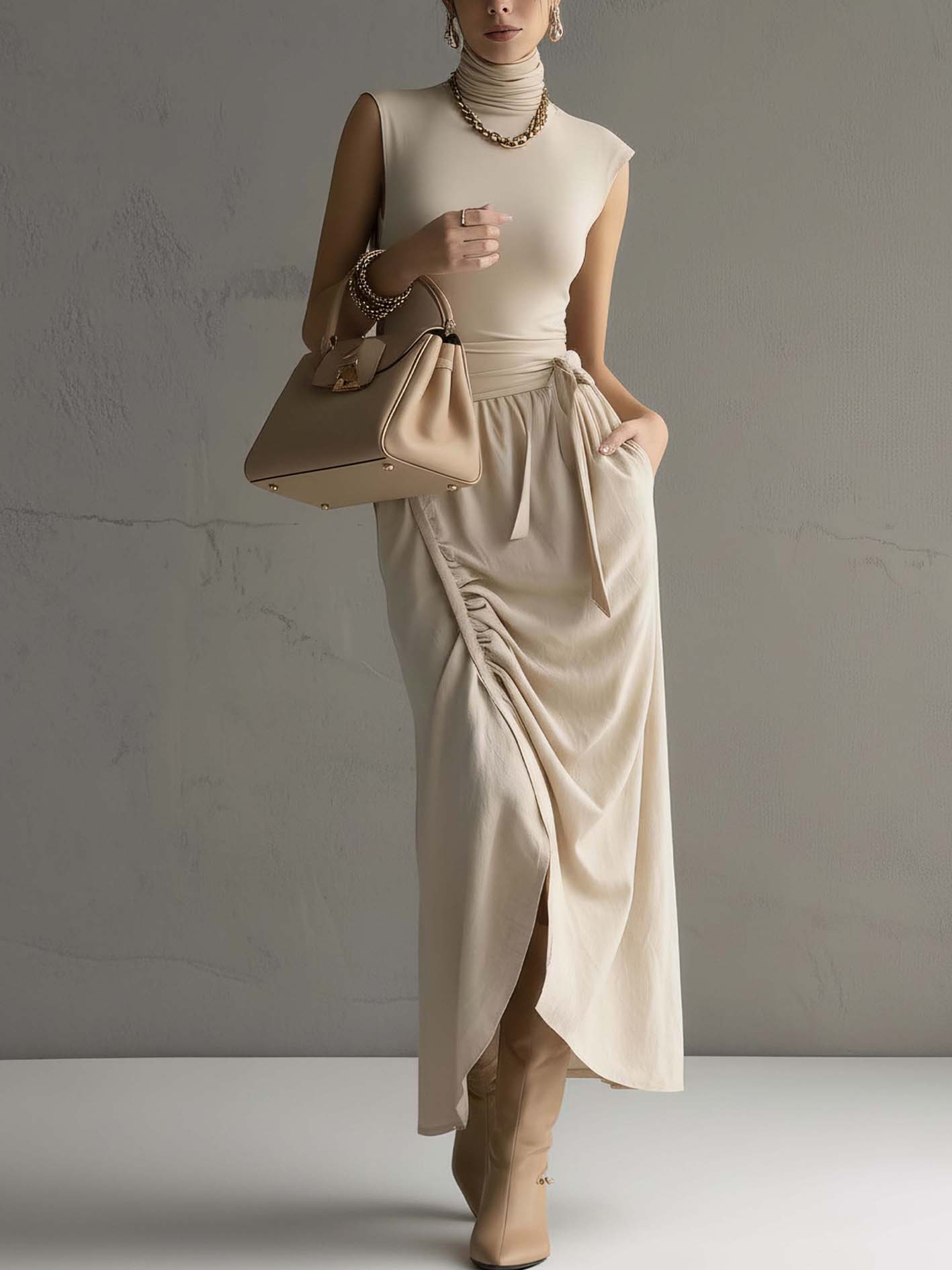 Beige Sleeveless High Stretch Cotton-Linen Patchwork Midi Dress