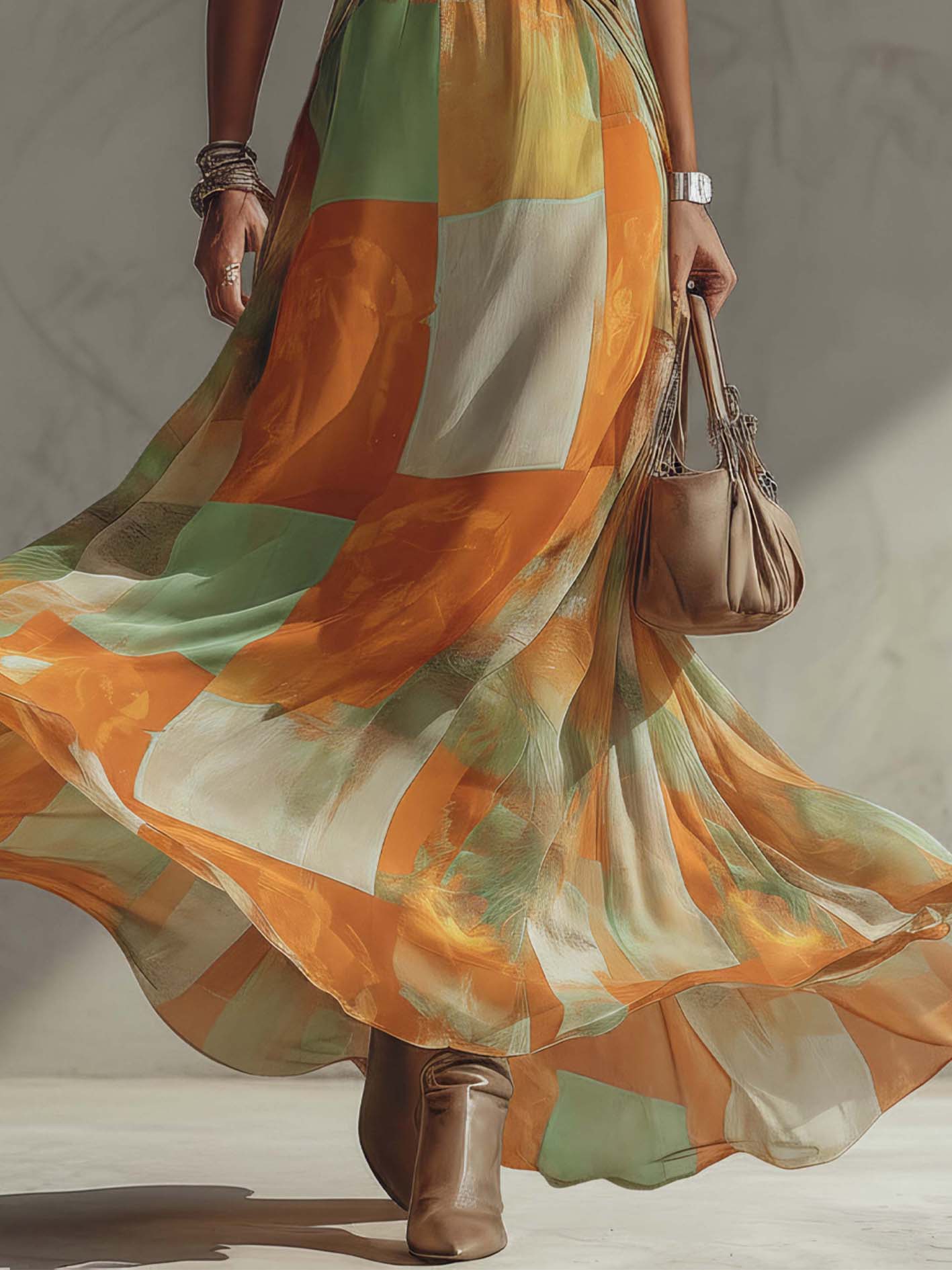 Orange Green Plaid Chiffon Maxi Dress