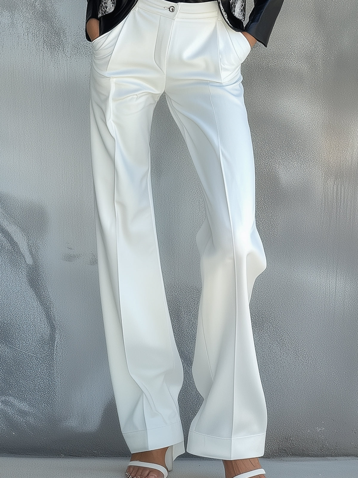 Black Faux Leather Snake Print Trim Blazer And White Wide Leg Pants Suit