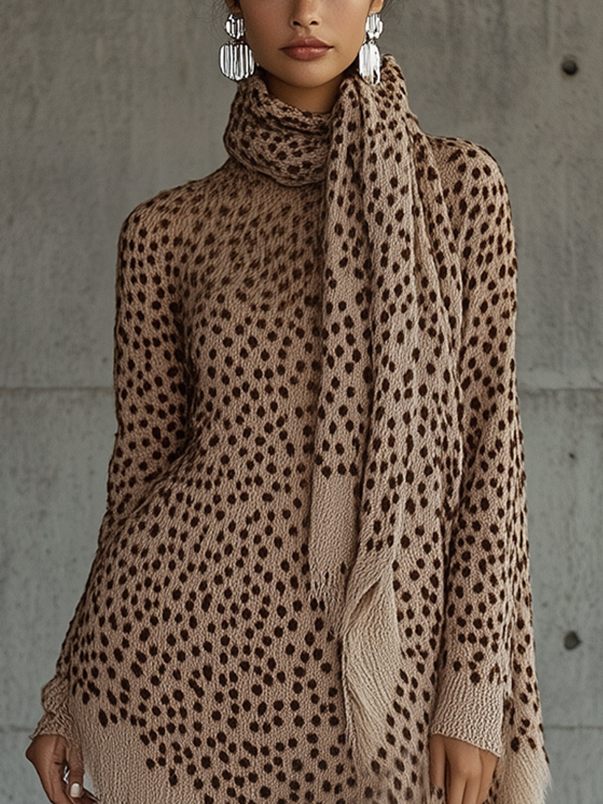 Brown Elegant Speckled Fringe Sweater Dress With Scarf