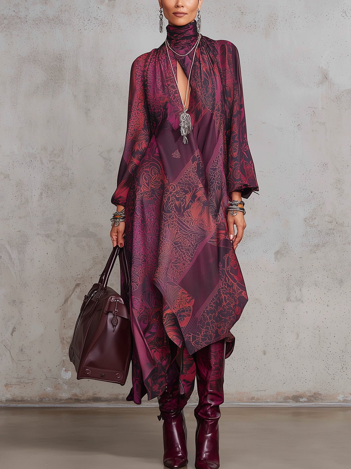 Burgundy Printed Draped Maxi Dress With High Neck And Asymmetric Hem